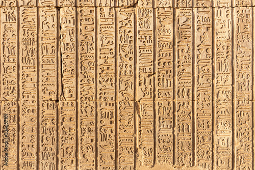 Part of an egyptian temple hieroglyphs engraved on the wall