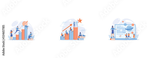 Goal achievement, career promotion, school graduation, Qualification increase course, skills improvement coaching, Futuristic classroom, little children study with high tech equipment, set flat vector