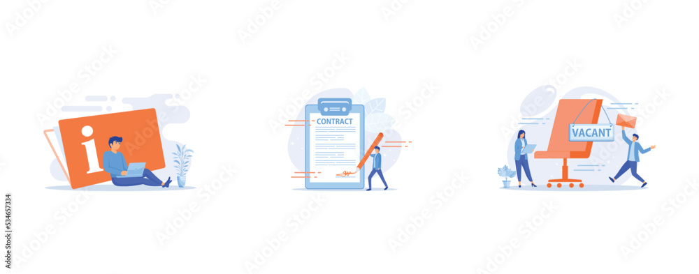 Obraz premium Instruction manual, Contract signing, People applying for vacant job, set flat vector modern illustration