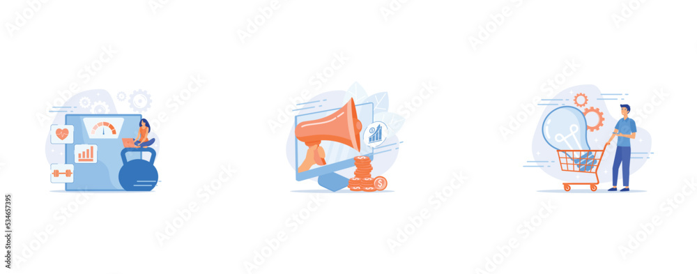 Fitness software, Marketing investment, Mall shopping, set flat vector modern illustration Fitness software, Marketing investment, Mall shopping, set flat vector modern illustration