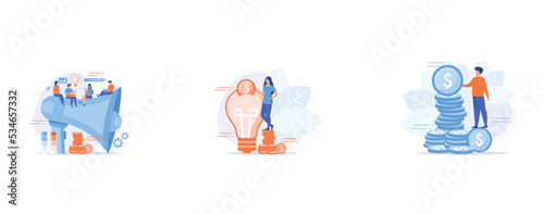 Digital marketing team with laptops and light bulb, Capital investment, sponsorship, Finances management, set flat vector modern illustration