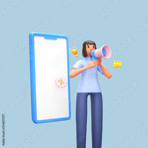 3D Render Of Young Woman Announcing With Percentage Label, Smartphone, Light Bulb, Chat Box On Blue Background.