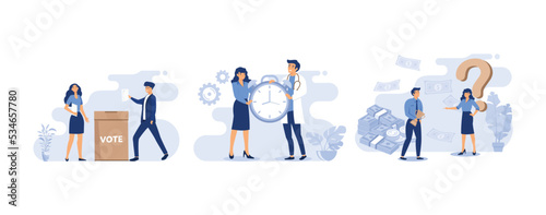 Voter holding paper voting ballot in hand for election, Happy doctor and patient holding alarm clock, Woman asking man with golden cup about money, set flat vector modern illustration