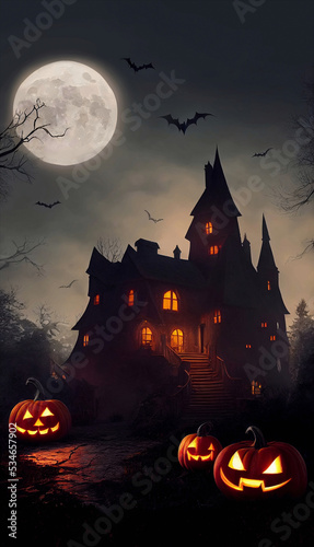 Medieval gothic castle in the dark Halloween night with pumpkins on the foreground, super moon and bats flying in the sky