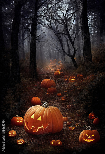Spooky Halloween pumpkins on trail of the haunted forest in the gloomy autumn day