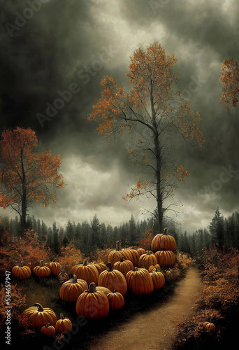 Autumn forest trail with pumpkins on the roadside and dark dramatic overcast sky