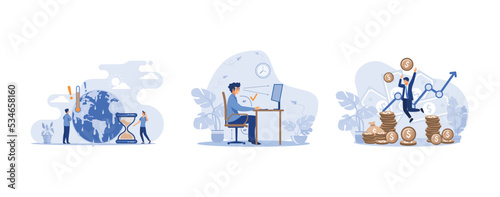 Tiny people with melting planet in background, Instruction for correct pose during office work, Happy rich banker celebrating income growth, set flat vector modern illustration