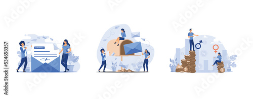 Woman receiving mail and reading letter, Tiny women getting mail from mailbox, Earnings gender discrimination, set flat vector modern illustration