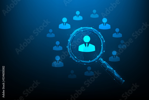 focus magnifying glass for finding human resource icon.employee target group low poly wireframe. Searching for HR concept. blue dark background.Job opportunity employment. vector illustration digital.
