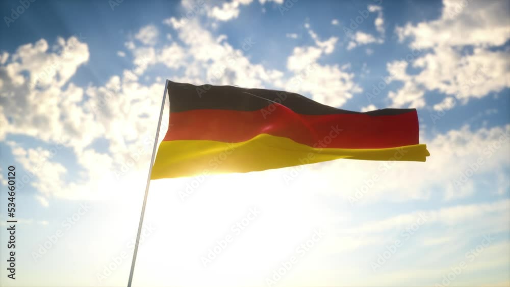 Drapeau 3D de L'Allemagne flottant au vent devant un ciel bleu