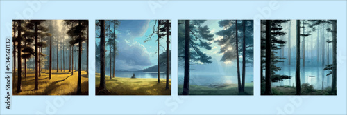 set of posters. mountains lake northern landscape flat vector illustration. Natural landscape with spruce trees hill silhouettes on the horizon. Valley, river. Summer green background. Travel poster photo