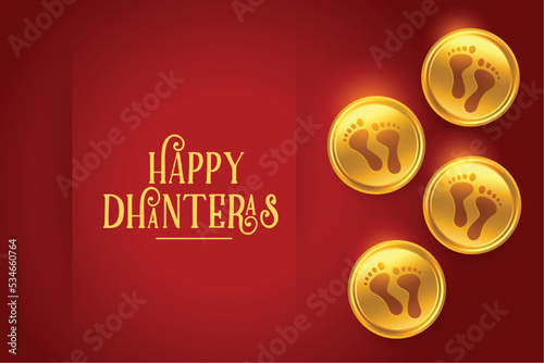 happy dhanteras religious poster with goddess foot print on golden coin photo