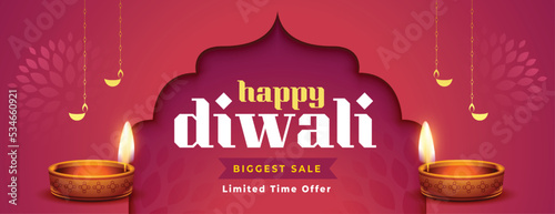 traditional happy diwali sale banner with oil lamp design