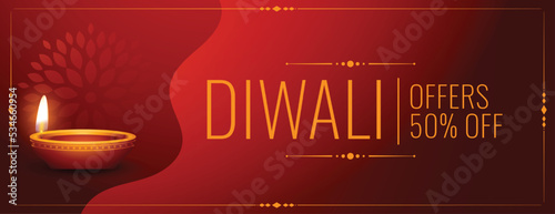 happy diwali offer and discount banner with glowing diya
