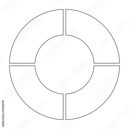 Pie chart, diagram. Black outlined circle divided in four parts, into quarters. Isolated png illustration, transparent background. Asset for overlay, montage, collage, presentation. Business concept.	