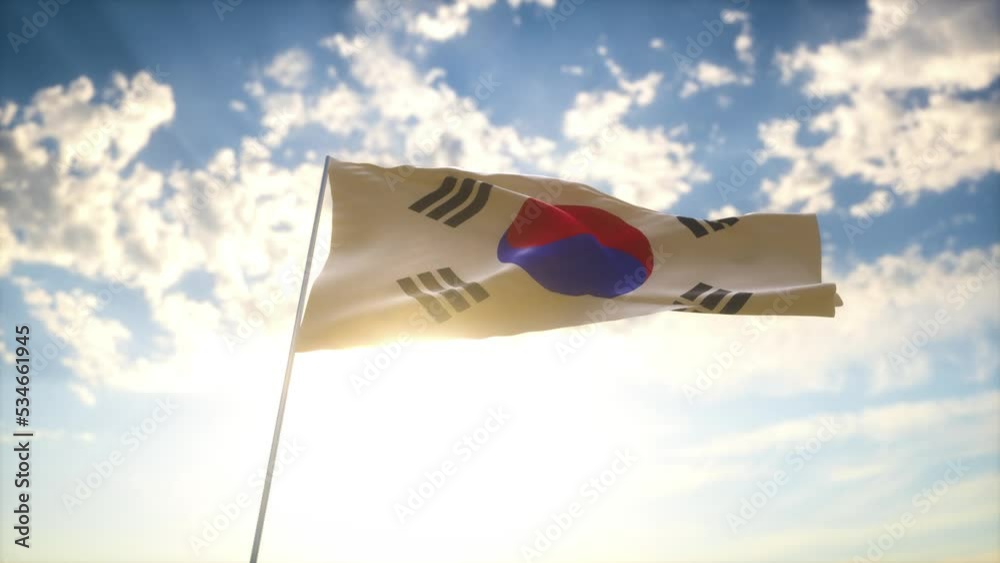 Drapeau 3D de la Corée du Sud flottant au vent devant un ciel bleu