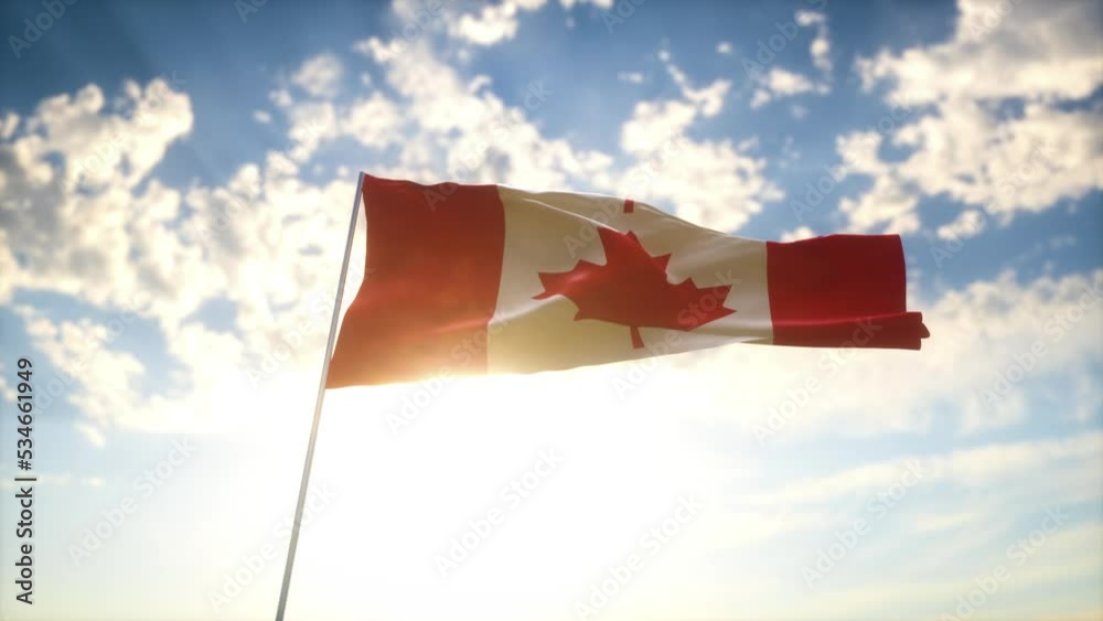 Drapeau 3D du Canada flottant au vent devant un ciel bleu