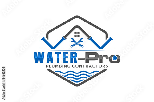 Wrench pipe logo design roof house workshop repair tool real estate plumbing service water element