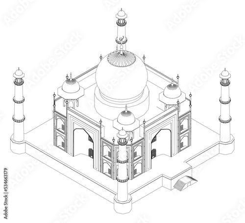Outline of the Taj Mahal temple from black lines isolated on a white background. Isometric view. Vector illustration.