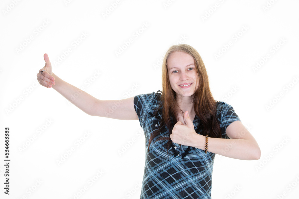 young woman presenting square hand blank frame on white background copy space