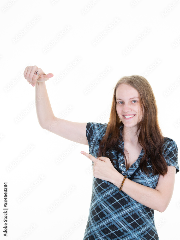 smiling woman showing a square empty frame hand side blank copy space smiling woman showing a square empty frame hand side blank copy space