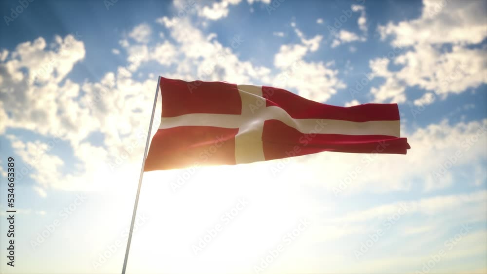 Drapeau 3D du Danemark flottant au vent devant un ciel bleu