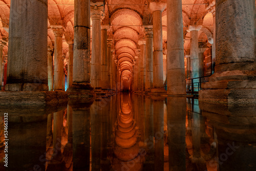 Basilica Cistern in Istanbul, Turkey. Dance of light. pillars and reflection. Yerebatan is one of favorite tourist attraction in Istanbul. Noise and grain include