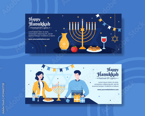 Happy Hanukkah Jewish Holiday Horizontal Banner Template Hand Drawn Cartoon Flat Illustration