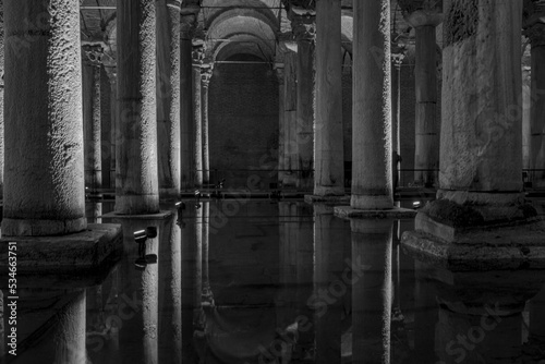 Basilica Cistern in Istanbul, Turkey. black and white photo. Yerebatan is one of favorite tourist attraction in Istanbul. Noise and grain include photo