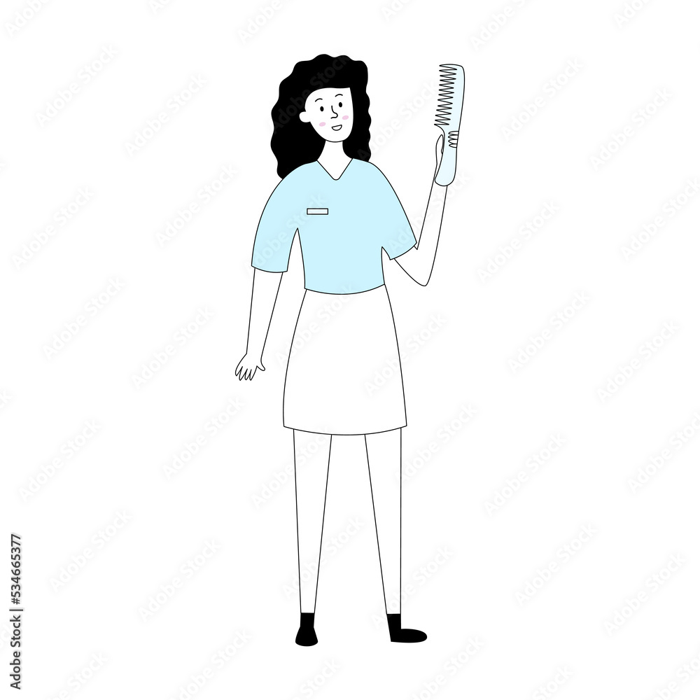 A woman holds a comb in her hand. Personal care. Hair care.Line drawn doodle style character. A woman holds a comb in her hand. Personal care. Hair care.Line drawn doodle style character.