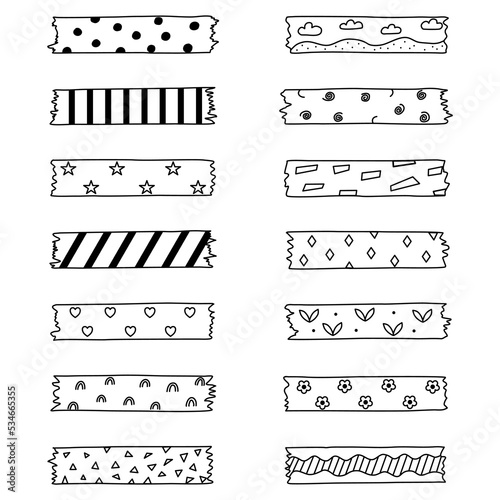 Set of strips of washi tape with designs on an isolated background. Decorative adhesive tape stickers.
