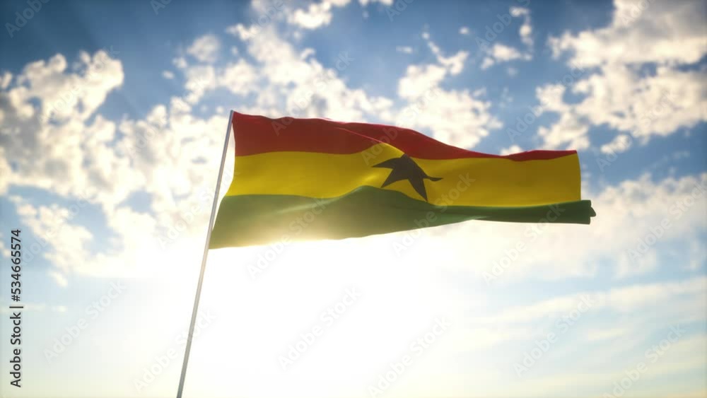 Drapeau 3D du Ghana flottant au vent devant un ciel bleu