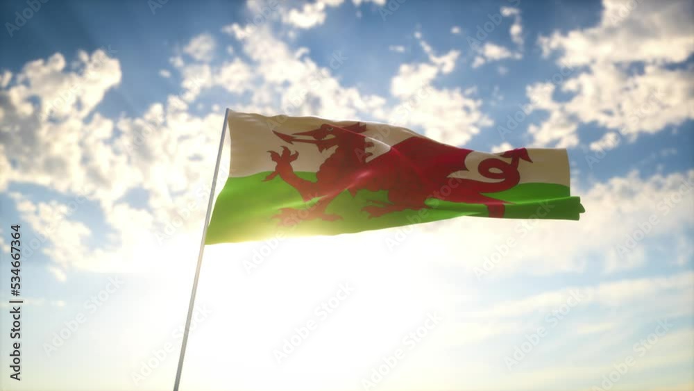 Drapeau 3D du Pays de Galle flottant au vent devant un ciel bleu
