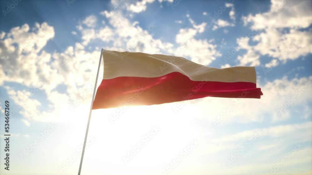 Drapeau 3D de la Pologne flottant au vent devant un ciel bleu