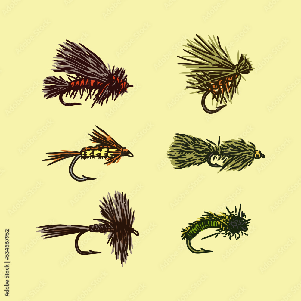 Cool fly fishing flies vector in color. Perfect for use fishing apparel