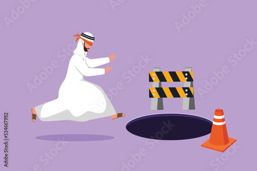 Cartoon flat style drawing blindfolded young businessman running to find money with pit hole. Arabian male manager runs to business trap. Blind investment metaphor. Graphic design vector illustration