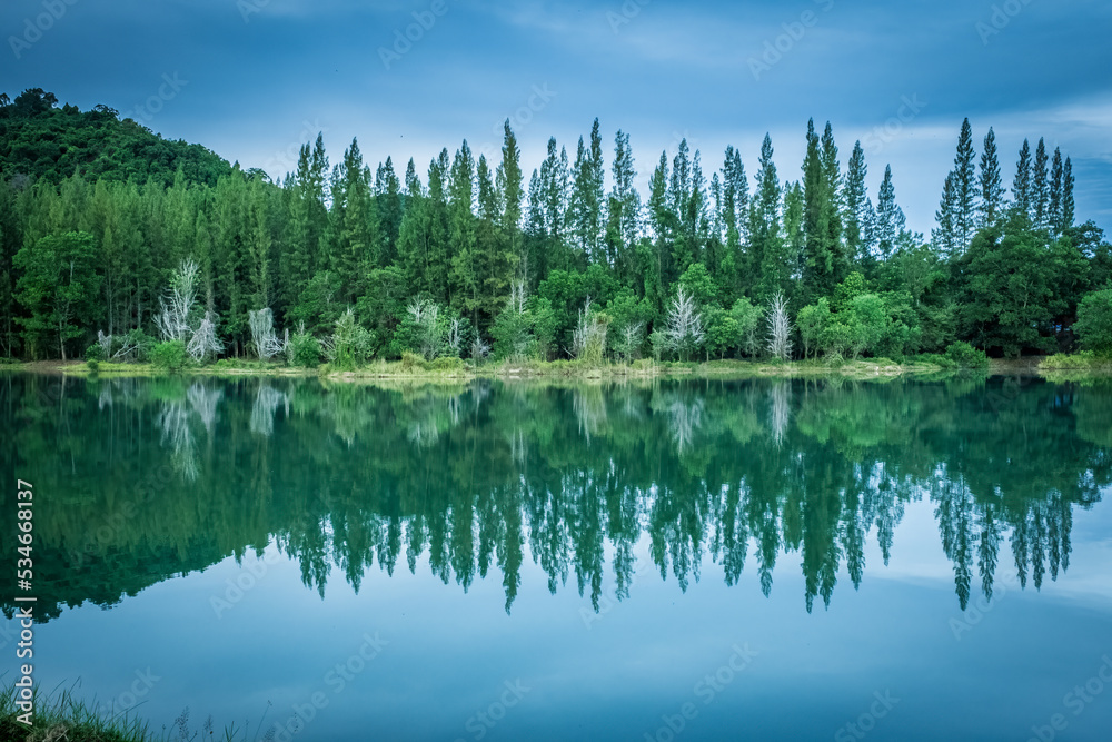 Beautiful view of green pine forest and lake with trees and cloudy blue sky reflection, landscape of old mine Liwong in Chana, Songkhla, Thailand Beautiful view of green pine forest and lake with trees and cloudy blue sky reflection, landscape of old mine Liwong in Chana, Songkhla, Thailand