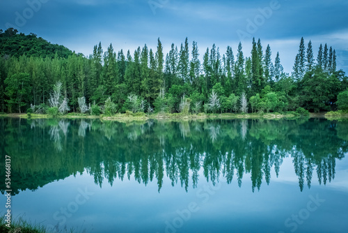 Beautiful view of green pine forest and lake with trees and cloudy blue sky reflection, landscape of old mine Liwong in Chana, Songkhla, Thailand