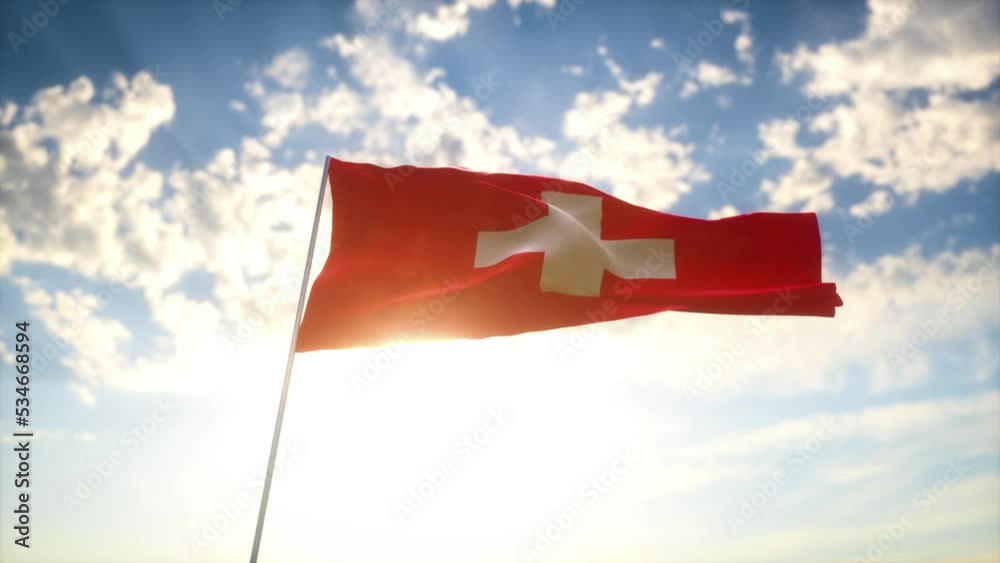 Drapeau 3D de la Suisse flottant au vent devant un ciel bleu