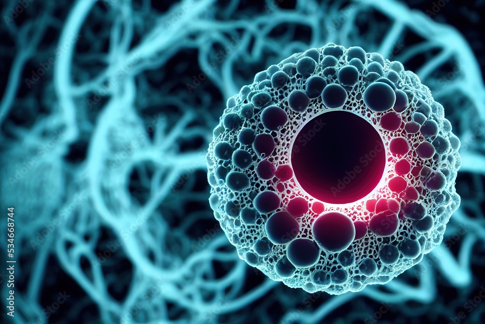 Cancer cell inside human tissue. Virus RNA invading, hiding inside intracellular membrane and
