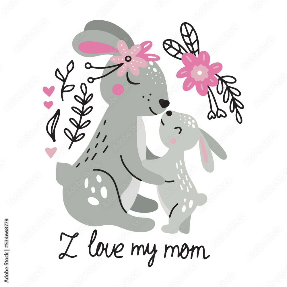 Fototapeta premium Cute vector illustration of mother rabbit and little rabbit. The mother hugs the rabbit. Can be used for t-shirt print, kids wear, fashion design, kids party invitation card.