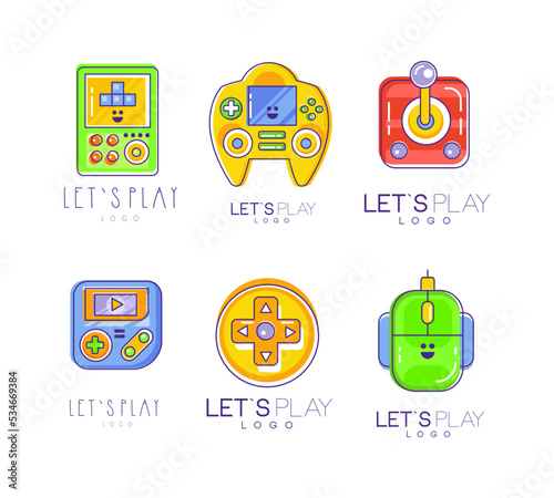 Lets play logo design set. Gaming controller, gamepad badges, labels vector illustration