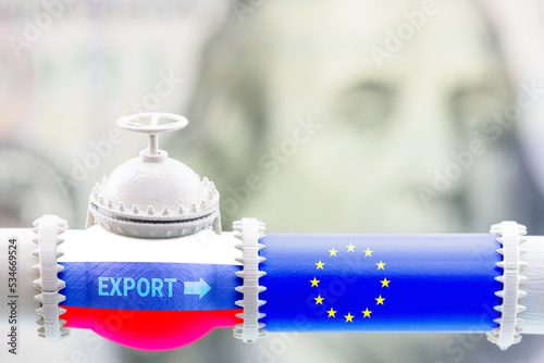 Obraz na plátně Gas or oil pipeline with russian and European Union flags, depicting a conflict or gas war between Moscow or Kremlin and Europe that gas flows to Europe will not resume until sanctions are lifted