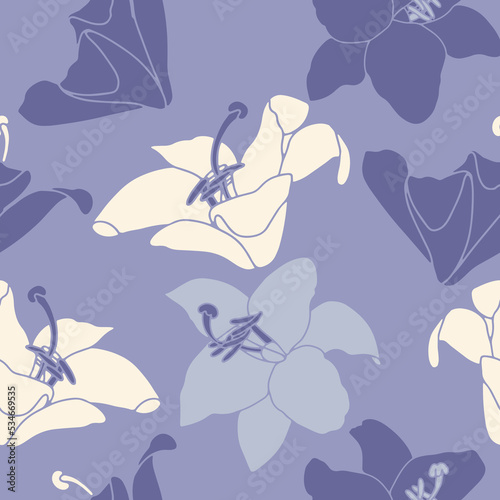 Repeating pattern with abstract hibiscus flowers bloom violet and white. Vintage background