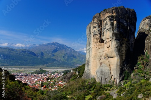 City of Kalabaka under the picturesque Meteora rock formations in Greece