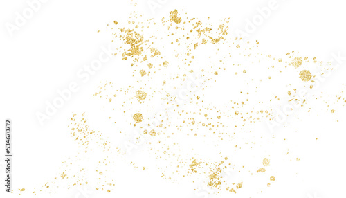 Golden paint, splatter, grain. Gold stain texture. Isolated png illustration, transparent background. Asset for overlay, montage, collage, pattern, mark making, greeting, invitation card.