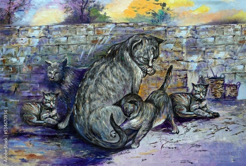 Art painting oil color   cute  cat ,  puss , pussy cat , moggy , kitten