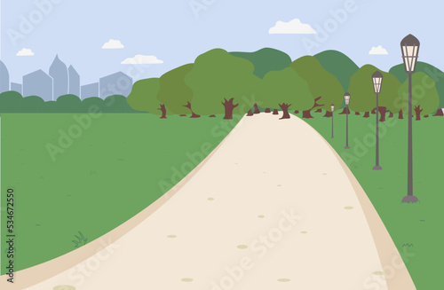 City summer park with green trees, path and lantern. City and city park landscape nature