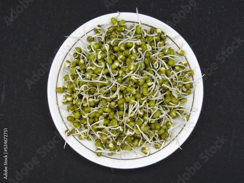 Sprouted mung beans in a plate on black background 
