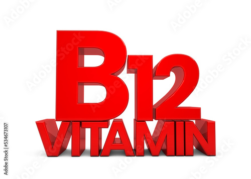 Vitamin B12 letter in red isolated on white background. Vitamin B12 3d. Natural sources of Vitamin concept. 3D rendering